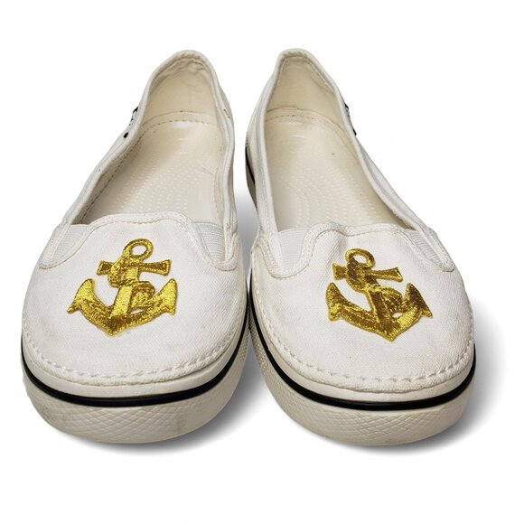 Crocs Nautical Loafer Women's Canvas Embroidered Metallic Gold Anchor Slip On 10 - Picture 2 of 13